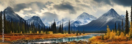 Beautiful panoramic image of an autumn landscape in the style of the Canadian Rockies - Ai Generative © mbruxelle
