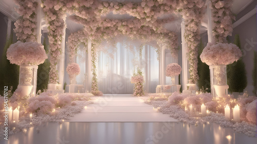 Wedding archway decorated with white flowers. 3D rendering