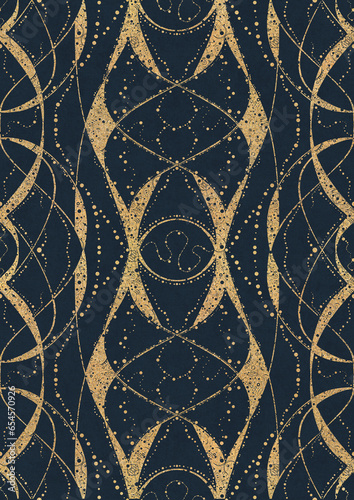 Hand-drawn unique abstract symmetrical seamless gold ornament on a deep blue background. Paper texture. Digital artwork, A4. (pattern: p10-4d)