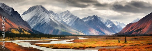 Beautiful panoramic image of an autumn landscape in the style of the Canadian Rockies - Ai Generative photo