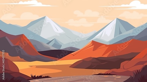 Flat nature landscape illustration, mountain landscape with mountains and blue sky, evening, golden hour, For website, app, ads, banners, backdrop use, copy space