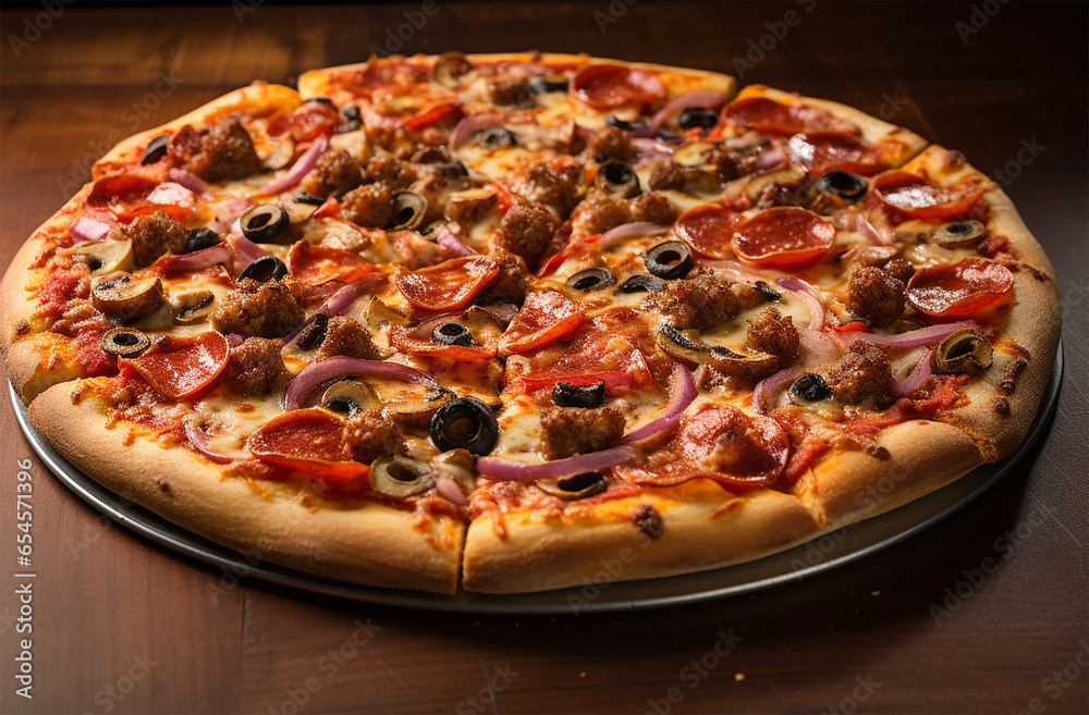 Supreme pizza made of tomato sauce, mozzarella cheese, pepperoni, sausage, bell peppers, onions, mushrooms, and black olives