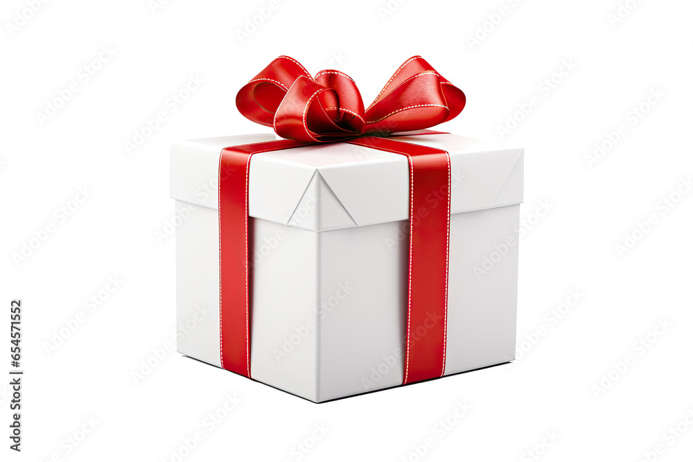 White gift box with red ribbon isolated on transparent and white background - AI Generated White gift box with red ribbon isolated on transparent and white background - AI Generated