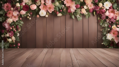 Wooden background with flowers and wood planks. 3d render © Waqar