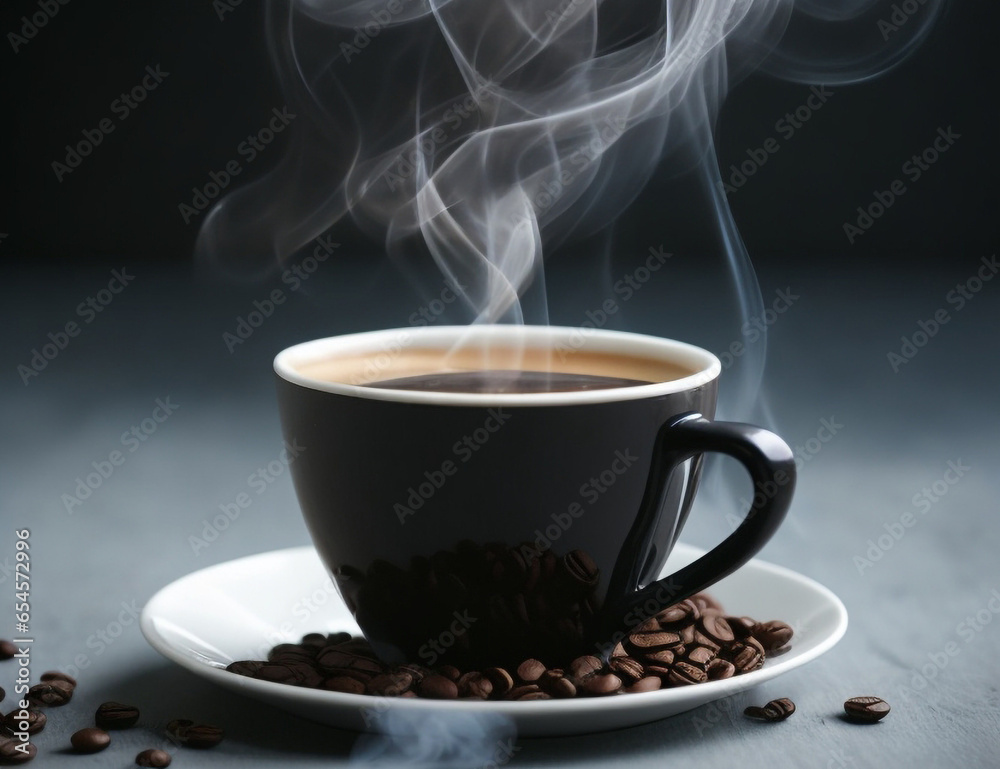 A cup of smoking hot coffee and coffee beans on the table, espresso A cup of smoking hot coffee and coffee beans on the table, espresso