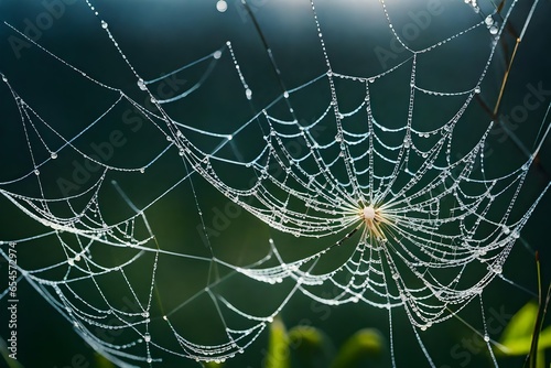 A delicate dew-kissed spiderweb glistening in the soft morning light - AI Generative