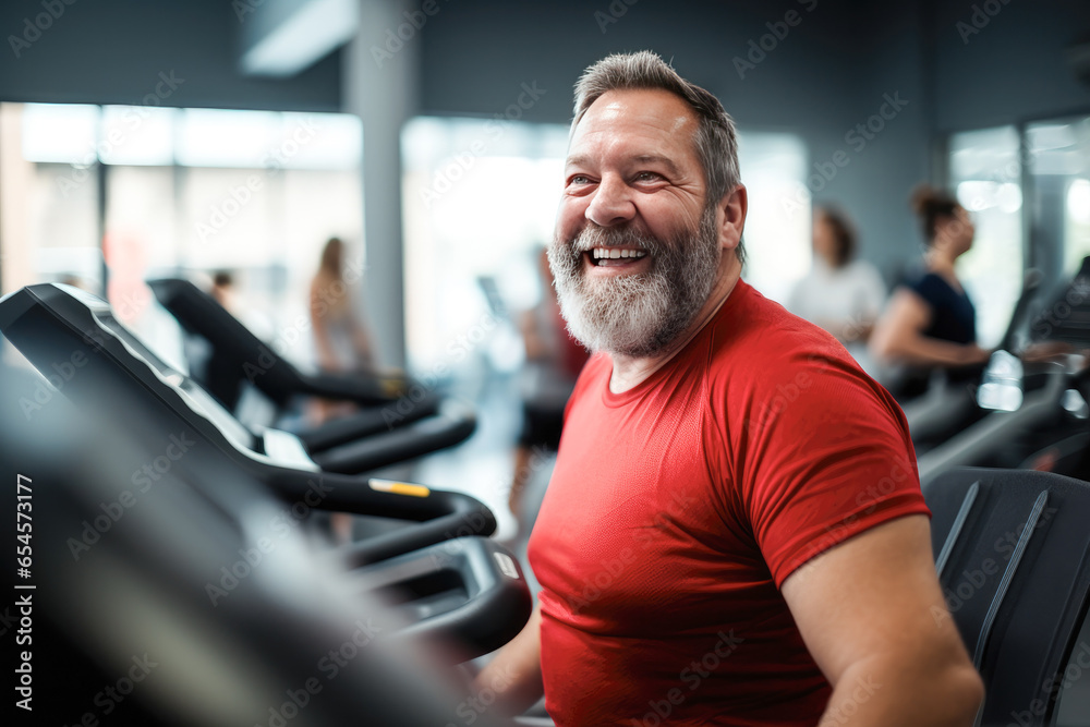 Full-figured caucasian middle-aged man exercising in gym - obrazy, fototapety, plakaty 