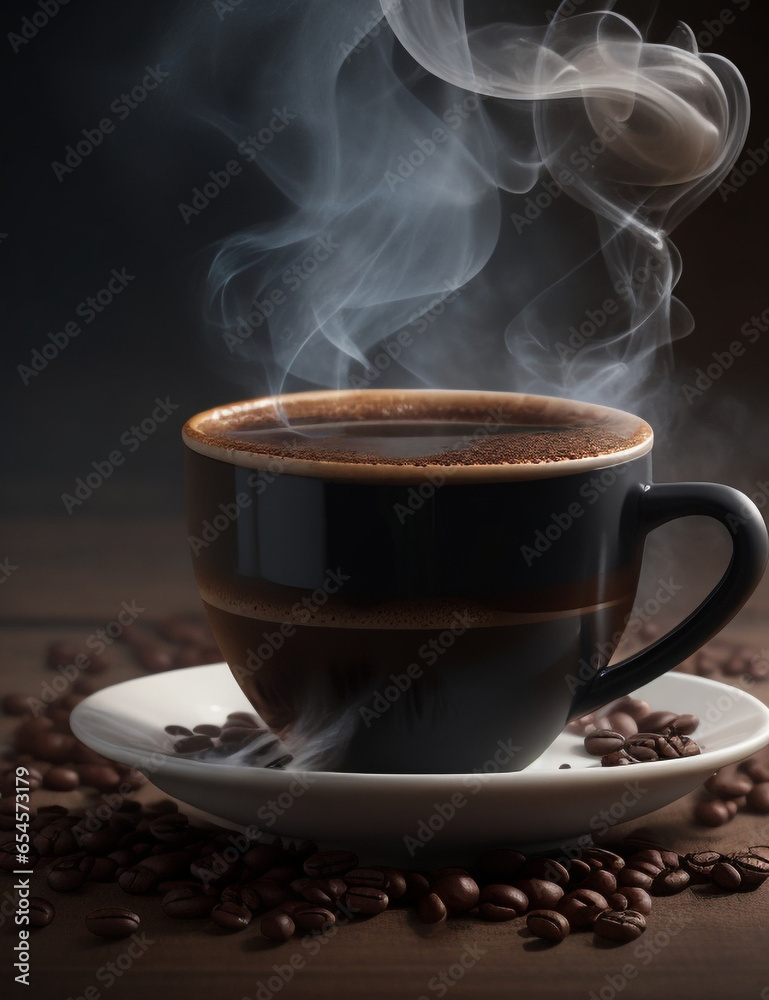 A cup of smoking hot coffee and coffee beans on the table. A cup of smoking hot coffee and coffee beans on the table.