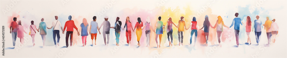 Vibrant Watercolor Painting, Group of People Standing Together Holding Hands, Generative AI - obrazy, fototapety, plakaty 