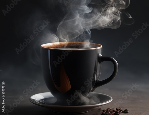 A cup of smoking hot coffee and coffee beans on the table