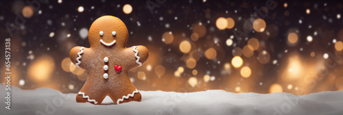 Gingerbread Man Christmas with snow and lights - Wide Background with copy space © Karat