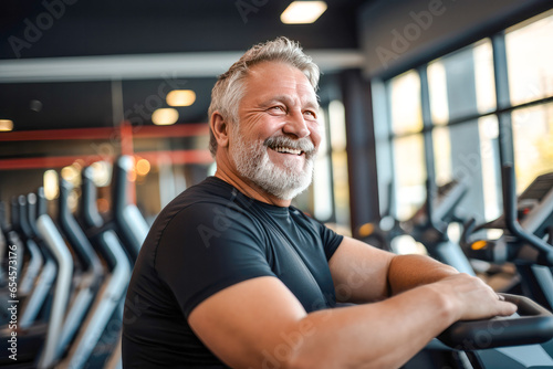 Full-figured caucasian middle-aged man exercising in gym photo