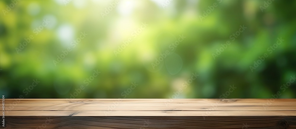 Green background with blurred garden morning scene for product display or design visualization Green background with blurred garden morning scene for product display or design visualization