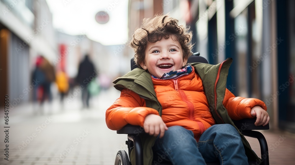 photograph of a happy kid in a wheelchair enjoying the outdoor seasonal autumn weather photograph of a happy kid in a wheelchair enjoying the outdoor seasonal autumn weather