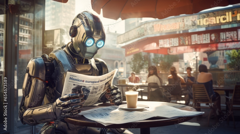 Photograph of a robot reading the newspaper at a cafe - obrazy, fototapety, plakaty 