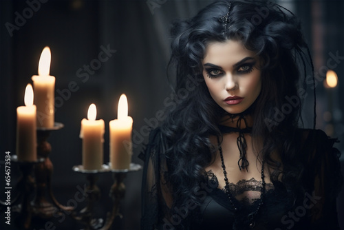 Mystic gothic witch in black dress and with black hair, heavy dark makeup with candles at the background