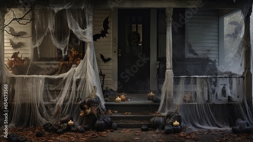 Front porch of a haunted house ready for Halloween trick or treaters