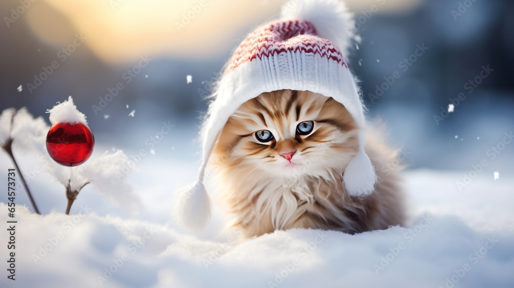 adorable kitten rolling in the winter snow with a hat and scarf - obrazy, fototapety, plakaty 