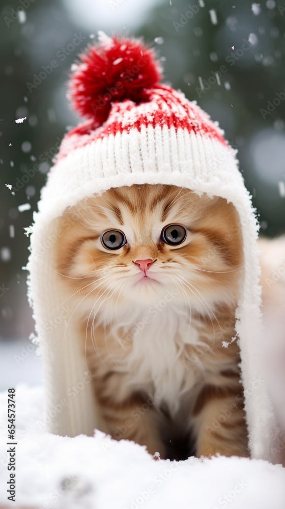 adorable kitten rolling in the winter snow with a hat and scarf