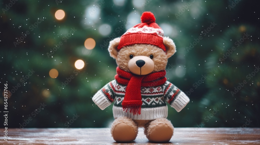 stuffed teddy bear wearing scarf and hat in the winter snow