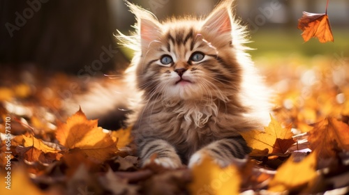 adorable kitten rolling in the autumn leaves