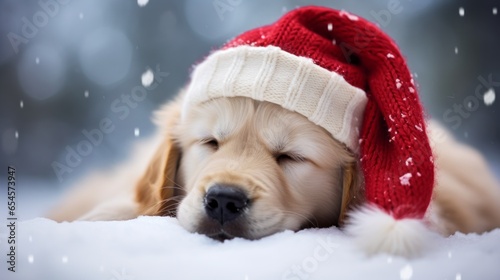 cute puppy dog frolicking in the winter snowy weather wearing a scarf and hat photo