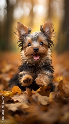 Yorkshire terrier frolicking in the autumn leaves © Brian