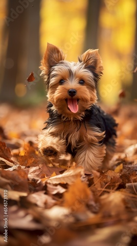 Yorkshire terrier frolicking in the autumn leaves