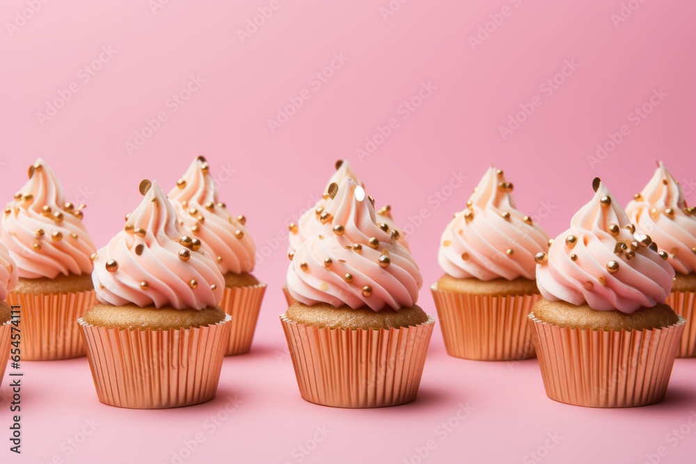 A vibrant and playful pattern of sweet, pastel cupcakes sprinkled with sugary icing adorns a tranquil pink surface. Retro food cake pattern. A vibrant and playful pattern of sweet, pastel cupcakes sprinkled with sugary icing adorns a tranquil pink surface. Retro food cake pattern.