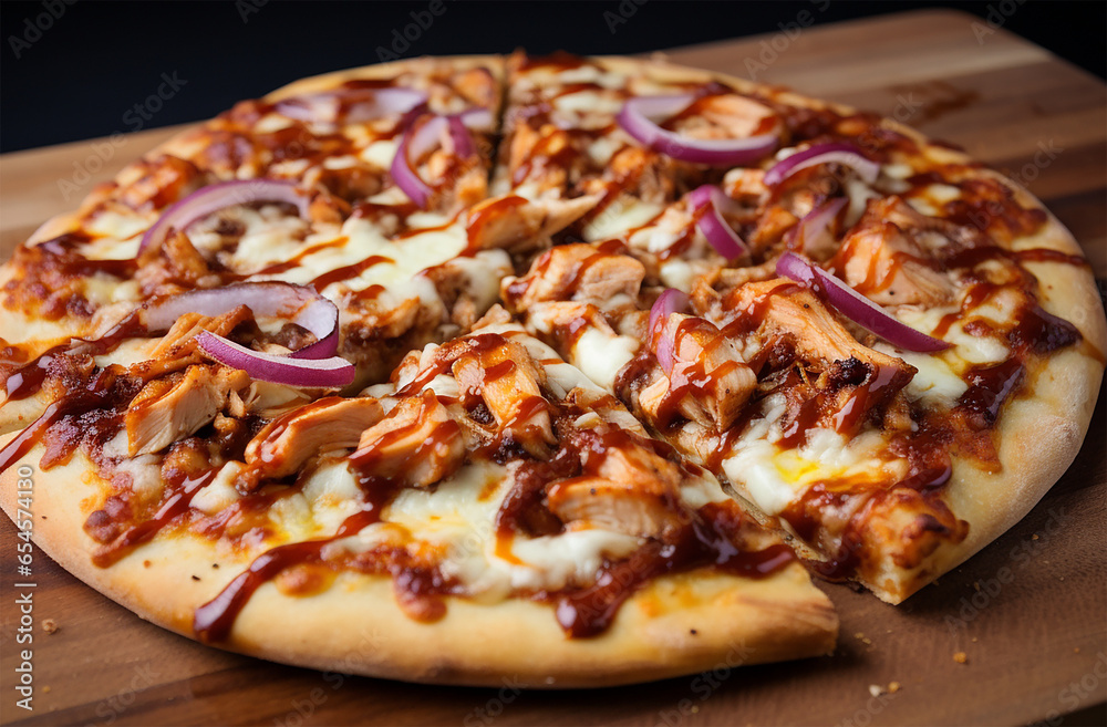BBQ Chicken pizza made of barbecue sauce, mozzarella cheese, grilled chicken and red onions
