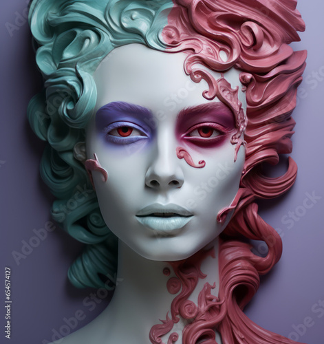 Modern abstract woman statue head in blue and green on the purple background. 