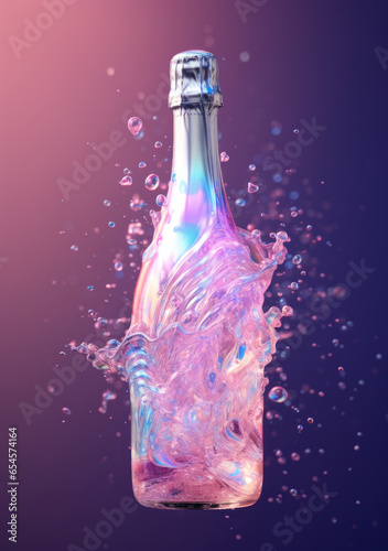 A bottle of champagne and two glasses. New year, celebration and party concept. Bright pastel colors of pink, purple and blue. photo