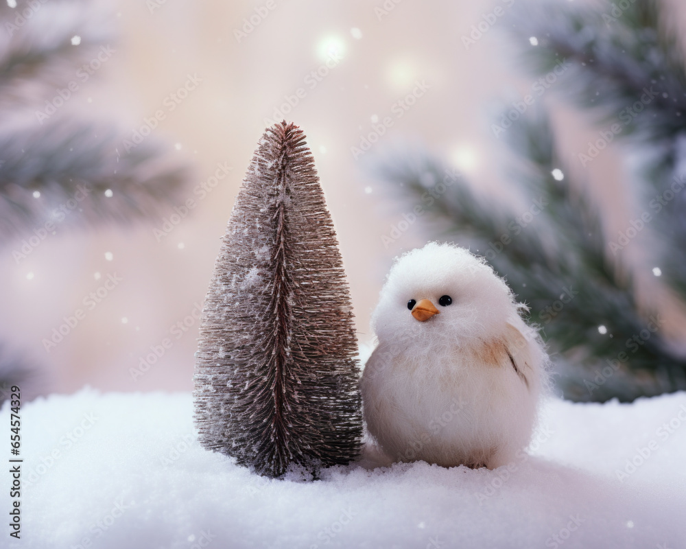 Obraz premium A small white bird next to a decorative Christmas tree with snowflakes in the background.