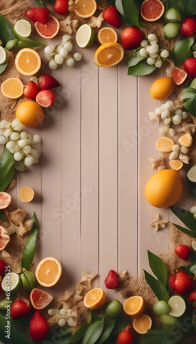 Creative layout made of citrus fruits and leaves on wooden background. Flat lay.