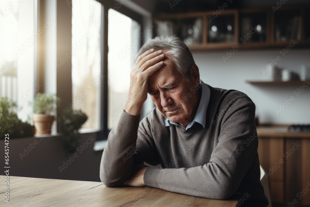 Headache pain. Unhappy middle aged senior man suffering from headache sick rubbing temples at home. Mature old senior grandfather touching temples experiencing stress. Man feeling pain hurt in head Headache pain. Unhappy middle aged senior man suffering from headache sick rubbing temples at home. Mature old senior grandfather touching temples experiencing stress. Man feeling pain hurt in head