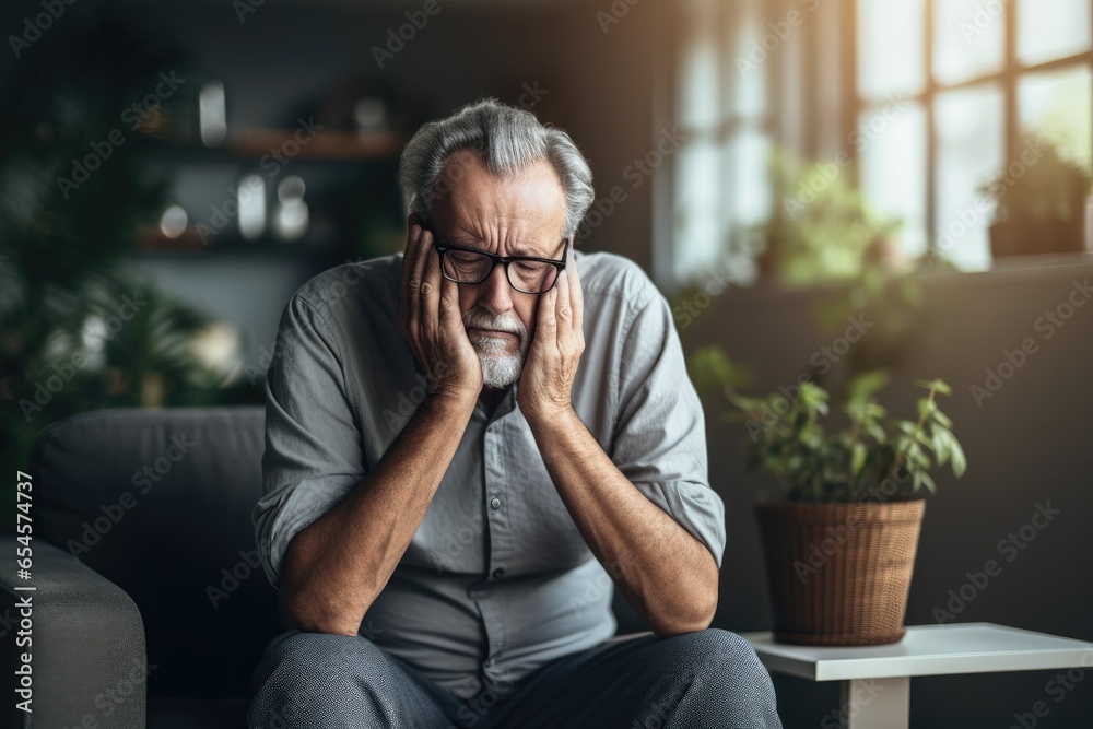 Headache pain. Unhappy middle aged senior man suffering from headache sick rubbing temples at home. Mature old senior grandfather touching temples experiencing stress. Man feeling pain hurt in head Headache pain. Unhappy middle aged senior man suffering from headache sick rubbing temples at home. Mature old senior grandfather touching temples experiencing stress. Man feeling pain hurt in head