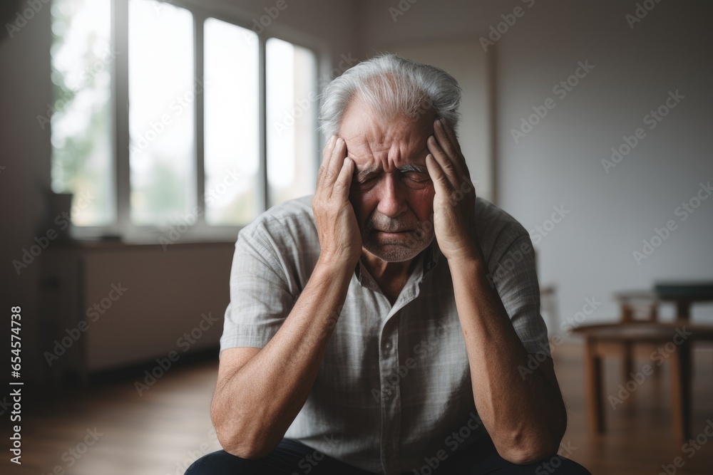Headache pain. Unhappy middle aged senior man suffering from headache sick rubbing temples at home. Mature old senior grandfather touching temples experiencing stress. Man feeling pain hurt in head Headache pain. Unhappy middle aged senior man suffering from headache sick rubbing temples at home. Mature old senior grandfather touching temples experiencing stress. Man feeling pain hurt in head