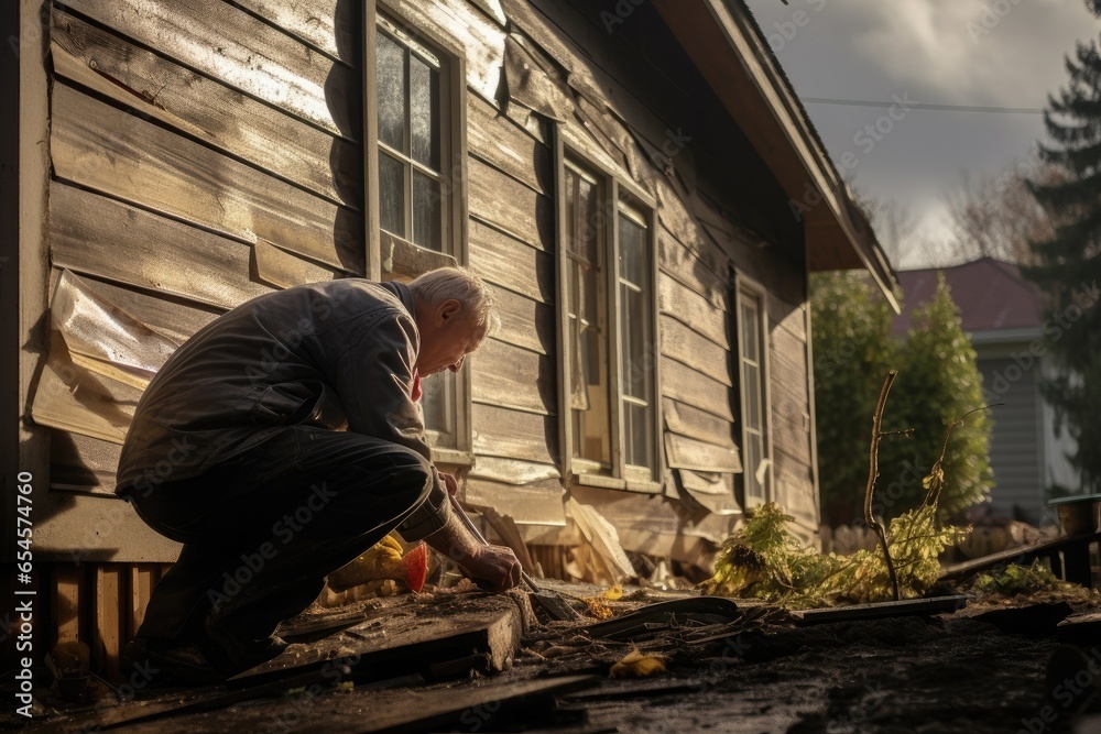 Man cleans up his house after a hurricane Man cleans up his house after a hurricane