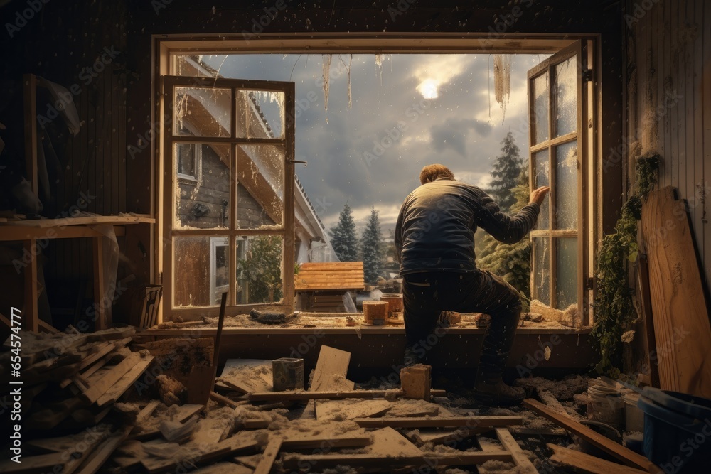 Man cleans up his house after a hurricane Man cleans up his house after a hurricane