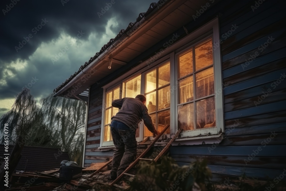 Man cleans up his house after a hurricane Man cleans up his house after a hurricane
