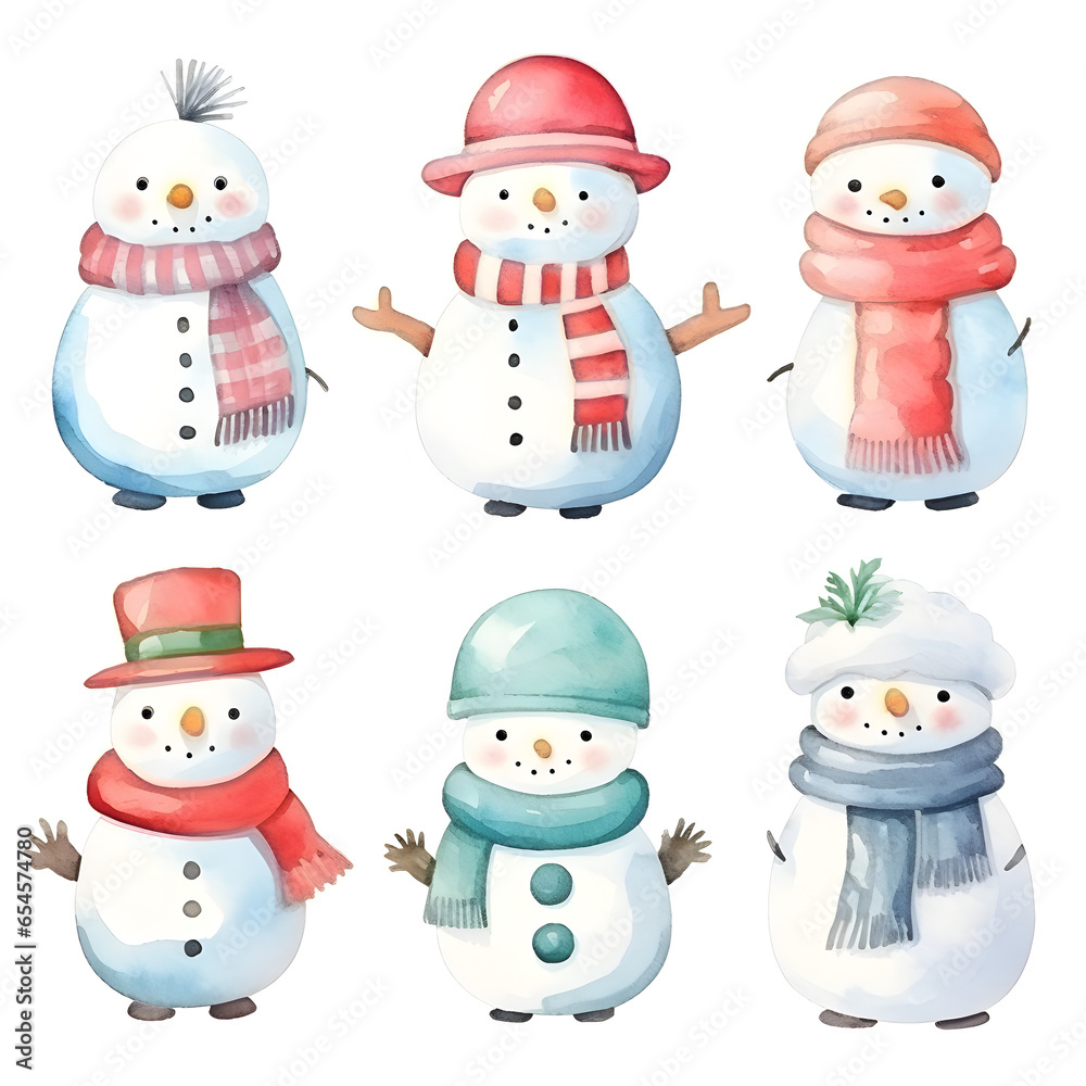 Set watercolor Christmas cartoon snowman in cozy scarf and hat isolated on white background, cute character, winter season, holiday