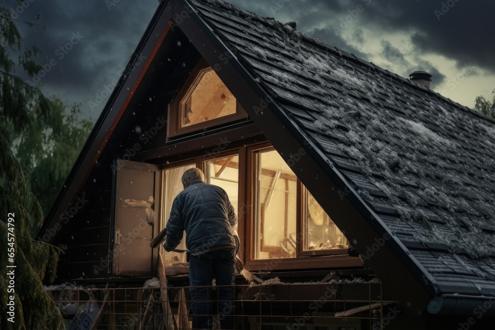 Man cleans up his house after a hurricane Man cleans up his house after a hurricane
