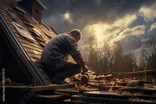 Man cleans up his house after a hurricane