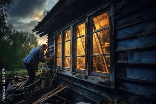 Man cleans up his house after a hurricane © ChaoticMind