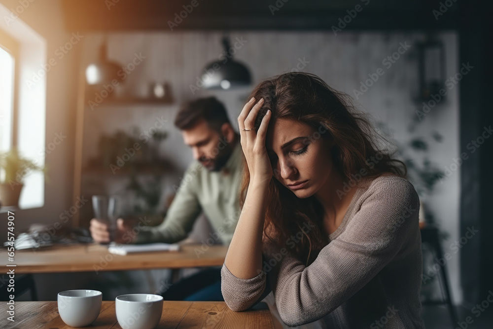 Couple, divorce and headache in conflict, fight or argument on the living room sofa at home. Woman and frustrated man in depression, cheating affair or toxic relationship in the house - obrazy, fototapety, plakaty 
