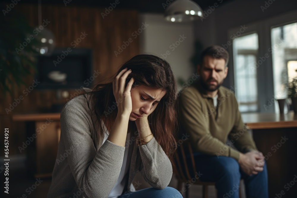 © ChaoticMind - Couple, divorce and headache in conflict, fight or argument on the living room sofa at home. Woman and frustrated man in depression, cheating affair or toxic relationship in the house