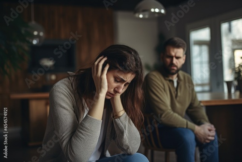 Couple, divorce and headache in conflict, fight or argument on the living room sofa at home. Woman and frustrated man in depression, cheating affair or toxic relationship in the house photo