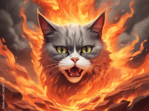 illustration of a fisty grey and white cat battlecry through fire photo