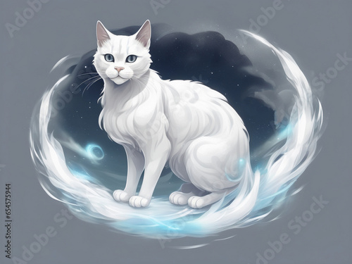 illustration of a serene white cat sitting on a cloud © Nefeli
