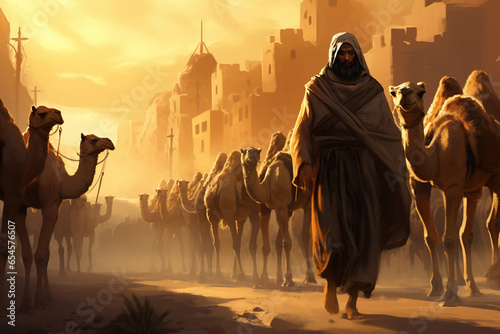 men with camels, herd of camels, fictional place, arabic photo